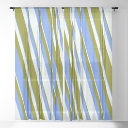 [ Thumbnail: Mint Cream, Green & Cornflower Blue Colored Striped/Lined Pattern Sheer Curtain ]