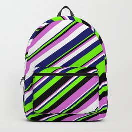 [ Thumbnail: Midnight Blue, Green, Black, Orchid & White Colored Stripes Pattern Backpack ]