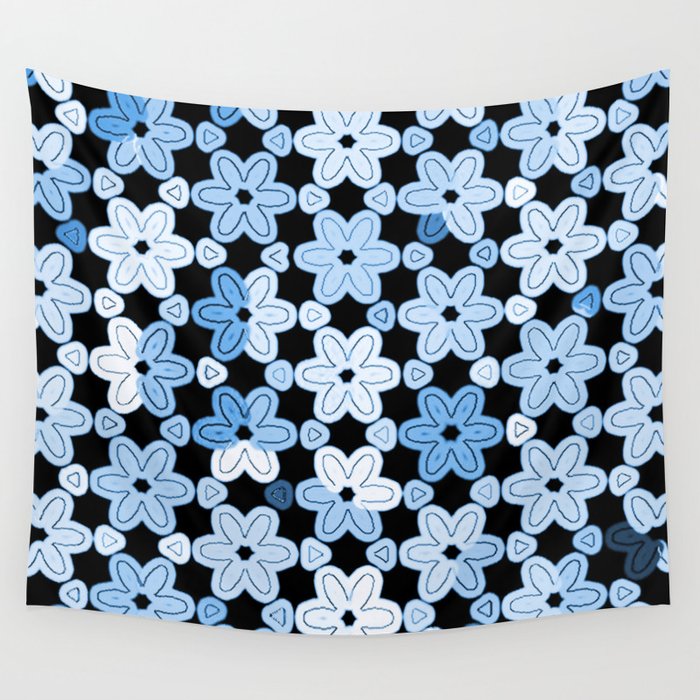 Multicolor Modern Blue and White Daisies on Black Wall Tapestry
