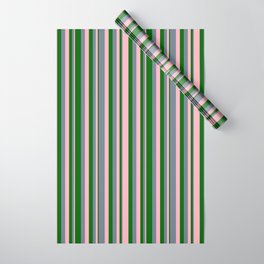 [ Thumbnail: Light Pink, Slate Gray & Dark Green Colored Pattern of Stripes Wrapping Paper ]