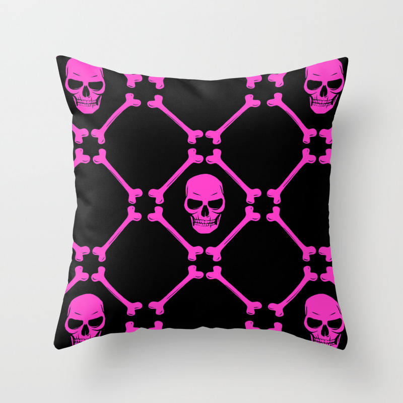 Skulls And Bones Hot Pink On Black Throw Pillow By Mariamahar