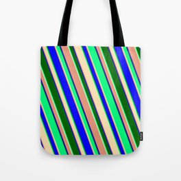[ Thumbnail: Green, Beige, Dark Salmon, Blue & Dark Green Colored Striped/Lined Pattern Tote Bag ]