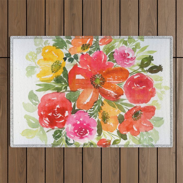 watercolor poppies: red and yellow Outdoor Rug