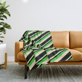 [ Thumbnail: Lime Green, Bisque & Black Colored Lines Pattern Throw Blanket ]