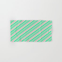 [ Thumbnail: Pink & Green Colored Lined Pattern Hand & Bath Towel ]