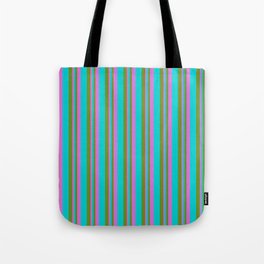 [ Thumbnail: Green, Dark Turquoise, and Orchid Colored Lined/Striped Pattern Tote Bag ]