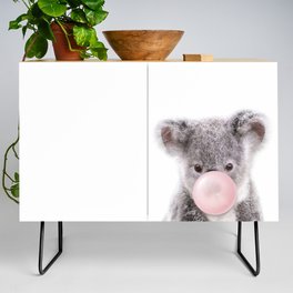 Baby Koala Blowing Bubble Gum, Pink Nursery, Baby Animals Art Print by Synplus Credenza