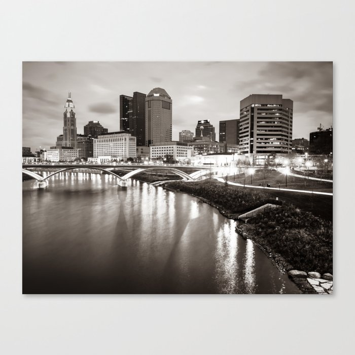 Columbus City Lights Over The Scioto - Sepia Edition Canvas Print