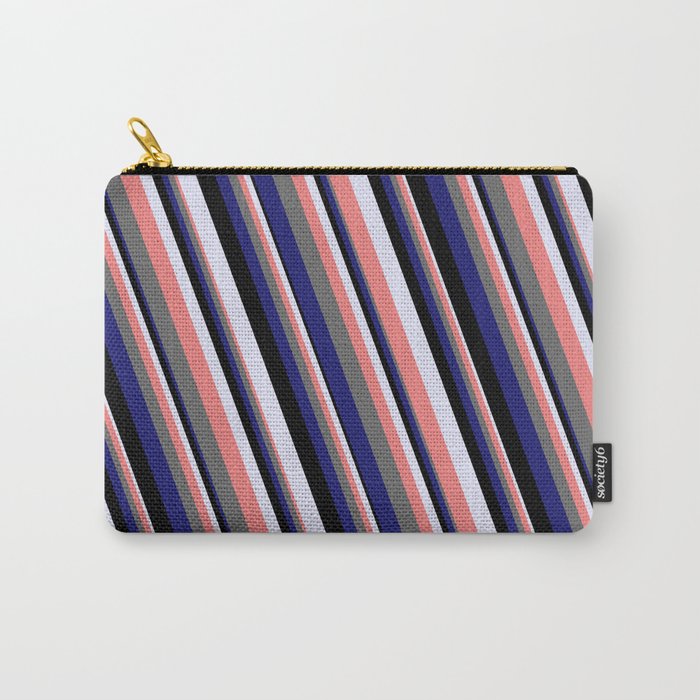 Eye-catching Lavender, Light Coral, Dim Gray, Midnight Blue & Black Colored Striped/Lined Pattern Carry-All Pouch
