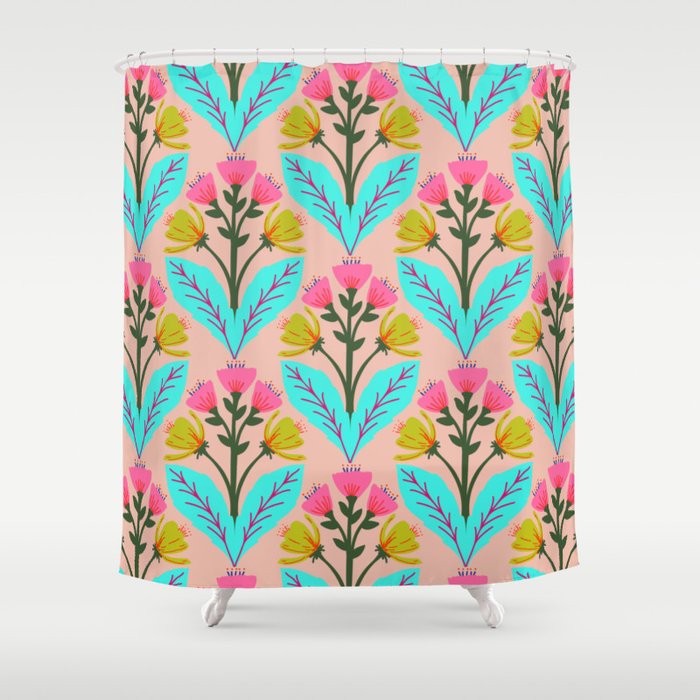 Hand drawn folk art floral pattern in pink, yellow, aqua, and peach