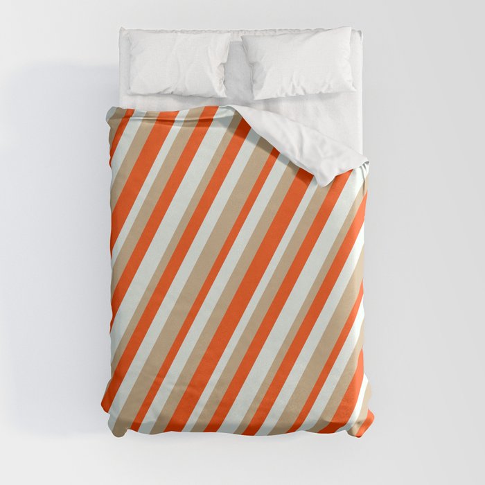 Red, Mint Cream, and Tan Colored Lines Pattern Duvet Cover