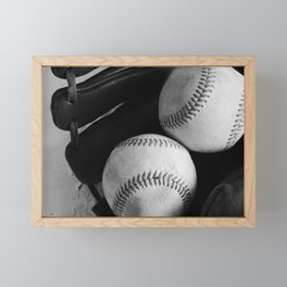 Old baseball equipment in black and white Framed Mini Art Print