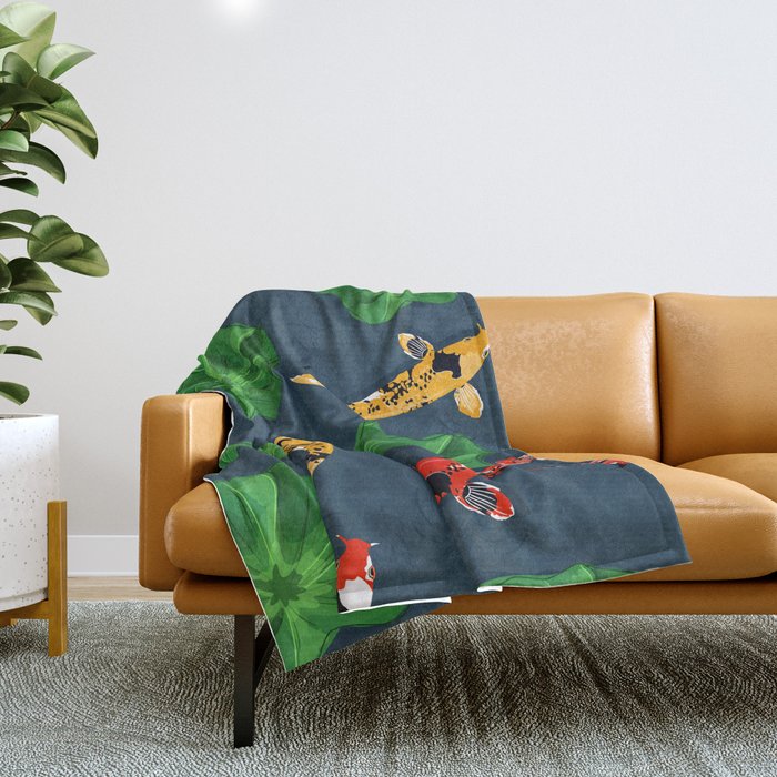 RED and YELLOW Koi in BLUE Water Art Print Throw Blanket