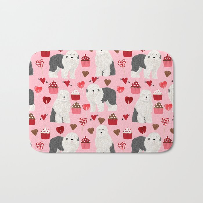Old English Sheepdog valentines day hearts cupcakes pattern pet portrait dog art gifts love Bath Mat