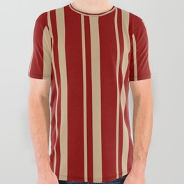 [ Thumbnail: Tan and Dark Red Colored Lines/Stripes Pattern All Over Graphic Tee ]