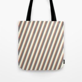 [ Thumbnail: Beige, Coral & Grey Colored Lined Pattern Tote Bag ]