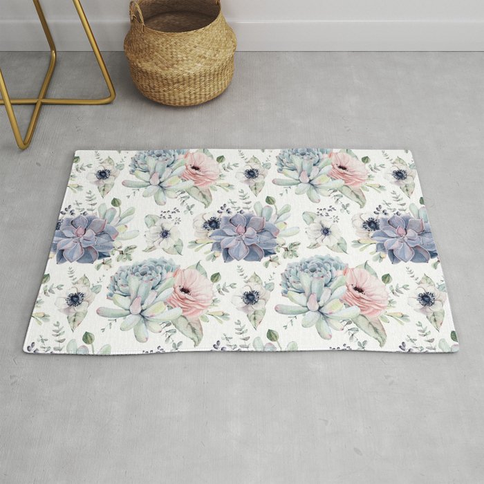 Succulents Blue + Rose Pink on White Rug by naturemagick | Society6