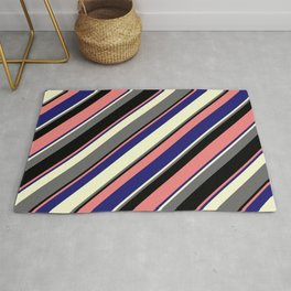 [ Thumbnail: Eye-catching Light Coral, Midnight Blue, Light Yellow, Dim Grey, and Black Colored Striped Pattern Rug ]