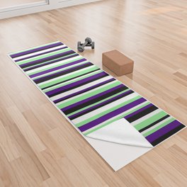 [ Thumbnail: Indigo, Light Green, White & Black Colored Stripes/Lines Pattern Yoga Towel ]