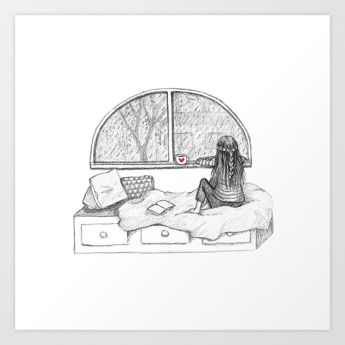 Rainy Day Window Pencil Illustration Art Print By Heidiburton