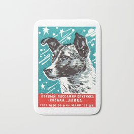 1950s Laika Space Dog Russian Matchbox Label Bath Mat | Cosmonaut, Graphicdesign, Canineart, Russianspace, Russian, Sovietadvertising, Russianspacedog, Spacedog, Vintagespacetravel, Russianadvertising 