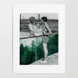 Two women playing tennis and smoking. Collage Art. Poster