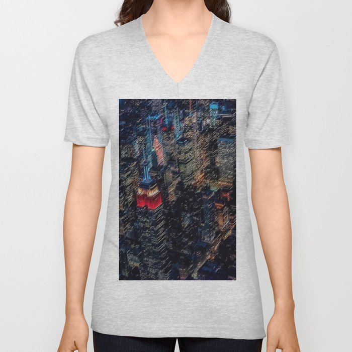 Empire State Lit Up Red at Night Landscape Painting by Jeanpaul Ferro V Neck T Shirt