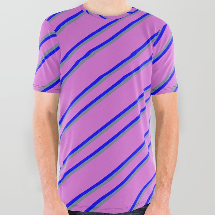 Orchid, Blue & Light Slate Gray Colored Pattern of Stripes All Over Graphic Tee