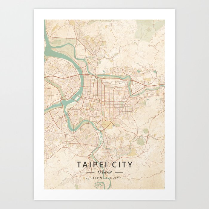 Taipei City, Taiwan - Vintage Map Art Print