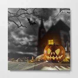 Scary Halloween Pumpkin with Horror Background Metal Print