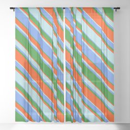 [ Thumbnail: Cornflower Blue, Forest Green, Red, and Powder Blue Colored Lines Pattern Sheer Curtain ]