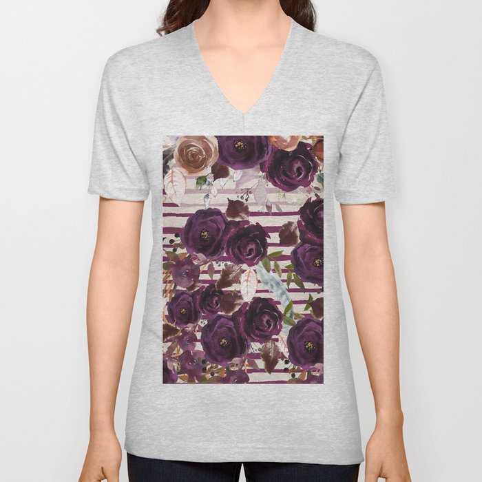 Watercolor ivory purple burgundy brown floral stripes V Neck T Shirt