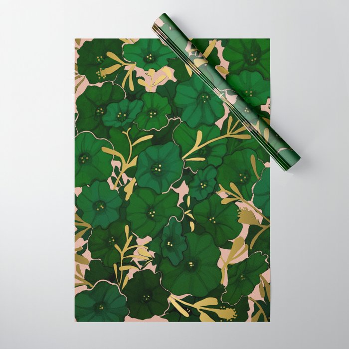 Green, Gold, and Pink, Floral Pattern Wrapping Paper