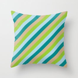[ Thumbnail: Tan, Green, Light Blue, and Dark Cyan Colored Stripes Pattern Throw Pillow ]