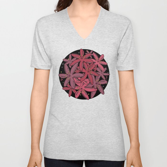 Pink flowers and dots pattern on black background V Neck T Shirt