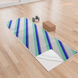 [ Thumbnail: Dim Grey, Blue, Aquamarine & Light Grey Colored Lined/Striped Pattern Yoga Towel ]