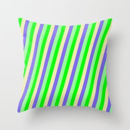 [ Thumbnail: Lime, Pale Goldenrod, Medium Slate Blue, and Green Colored Lined/Striped Pattern Throw Pillow ]