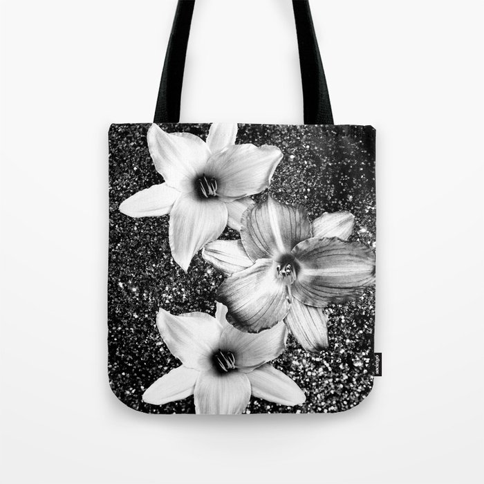 White Lilies on Black Glitter #1 (Faux Glitter) #floral #decor #art #society6 Tote Bag