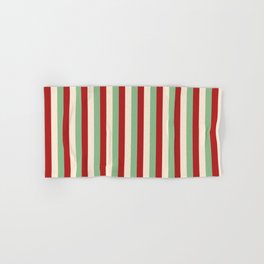 [ Thumbnail: Dark Sea Green, Red, and Beige Colored Striped/Lined Pattern Hand & Bath Towel ]