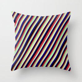[ Thumbnail: Colorful Crimson, Light Green, Tan, Blue & Black Colored Lined Pattern Throw Pillow ]