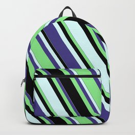 [ Thumbnail: Dark Slate Blue, Light Green, Black, and Light Cyan Colored Lined Pattern Backpack ]
