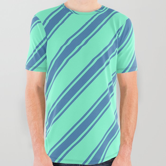 Aquamarine and Blue Colored Striped/Lined Pattern All Over Graphic Tee