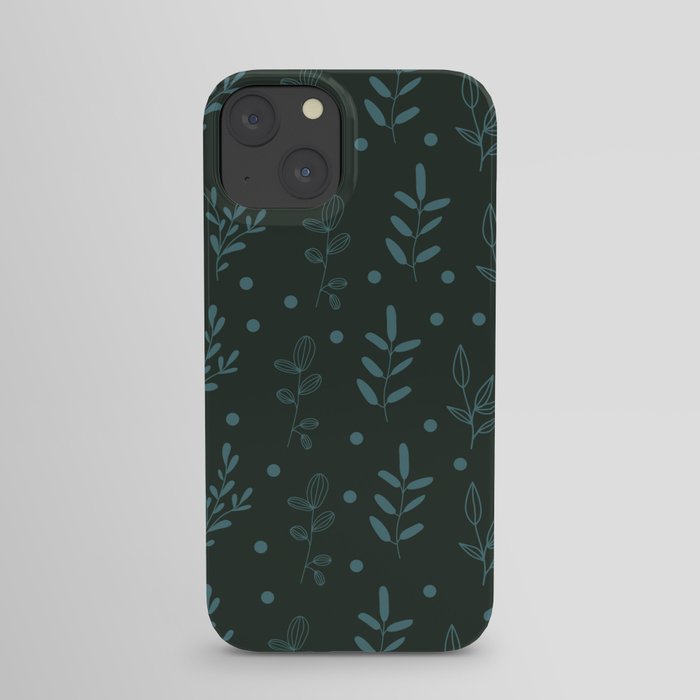 Blue Floral Print On Black Background Pattern iPhone Case