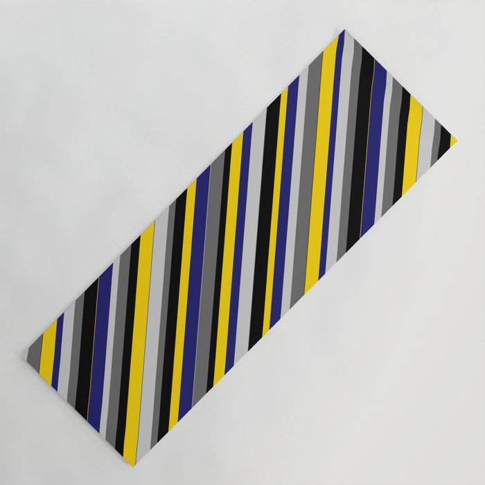 Vibrant Light Gray, Dim Gray, Black, Yellow, and Midnight Blue Colored Stripes Pattern Yoga Mat
