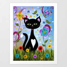 Cat Sitting Among Flowers Abstract Art Art Print