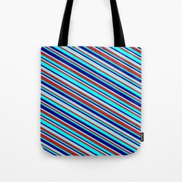 [ Thumbnail: Powder Blue, Red, Aqua, and Blue Colored Lined Pattern Tote Bag ]