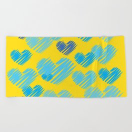 Hearts in Bunches, Cerulean Blue on Yellow Beach Towel