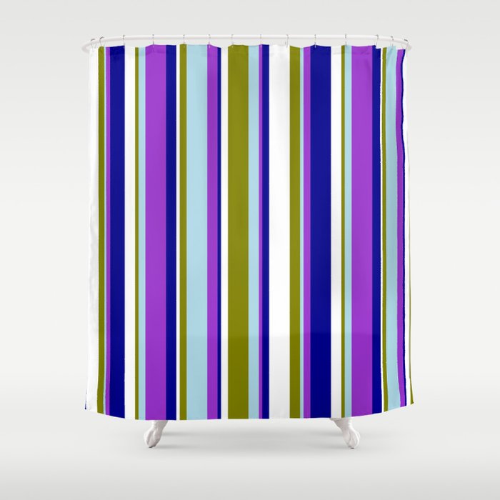 Eyecatching Green, Light Blue, Dark Orchid, Dark Blue, and White Colored Lined/Striped Pattern Shower Curtain