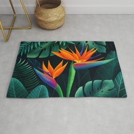 Bird of Paradise Vibrant Sunset-Colored Flowers + Tropical Palm Leaves Rug