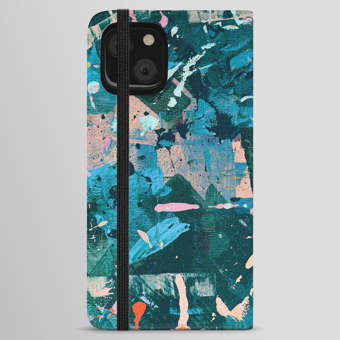 A Cause for Celebration: a colorful abstract design in blue, tan, and neon green by Alyssa Hamilton Art iPhone Wallet Case